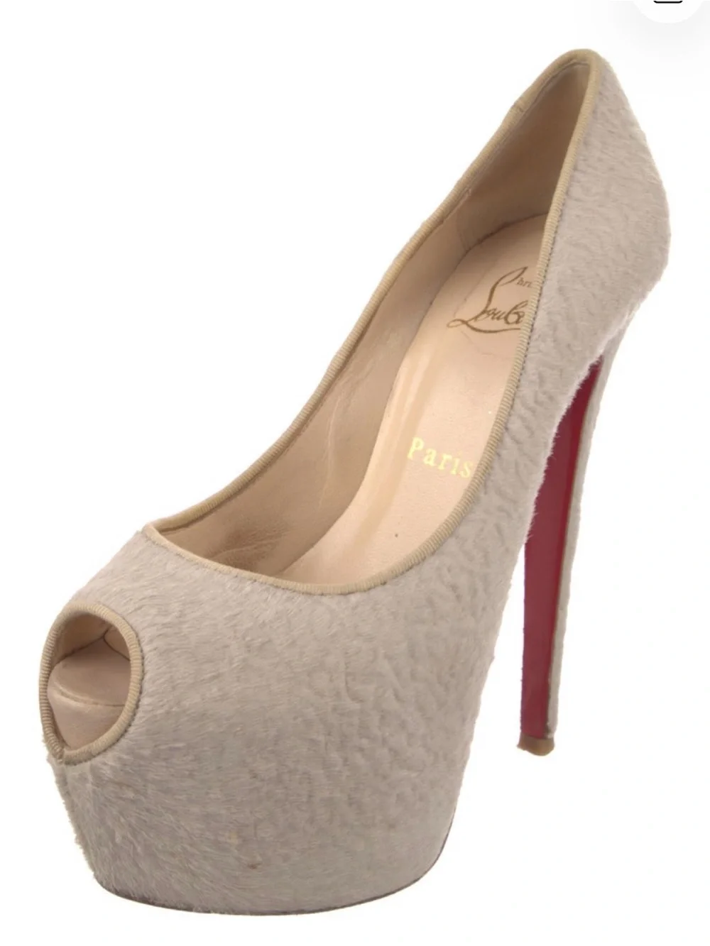 Christian Louboutin Shearling/Fur Platform Peep-Toe High Heel Pumps Sz.35.5